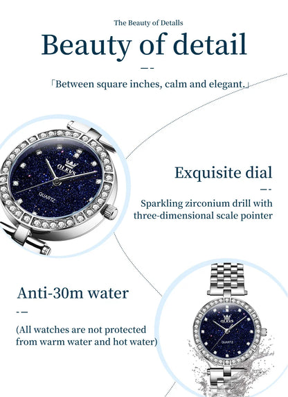 OLEVS 3641 Women Watch Elegant Quartz Watch Starry Dial Waterproof Luminous Diamond Bezel Ladies Watch Bracelet Set Ladies' Gift