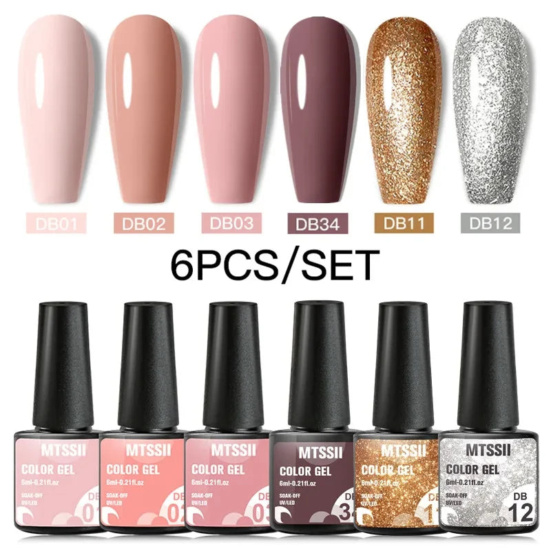 6PCS/SET Glitter Bright Pink Peach Gel Nail Polish Kit Spring Colorful Semi Permanent Soak Off Art UV Gel Varnish For Manicure ZH18330