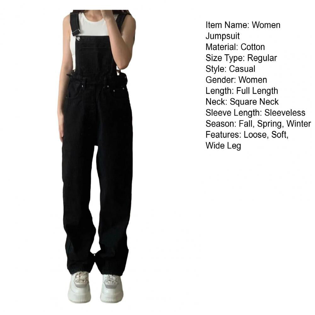 Denim Jumpsuit Summer Women Vintage Preppy Style Pockets Loose Fit High Waist Wide Leg Overalls Streetwear Straight Jeans