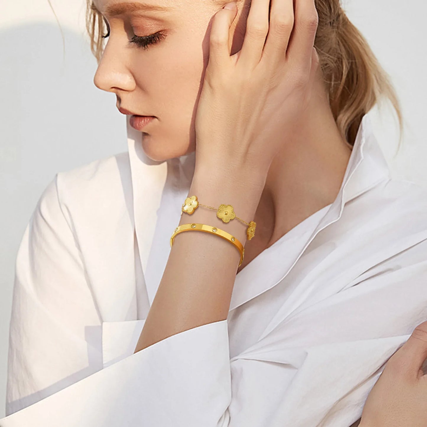 Vnox Exquisite 13mm Clover Bracelet Set for Women, Love Gift Bracelets for Wife Mothers Day Jewelry, Stainless Steel Cuff Bangle Badiee Stylez