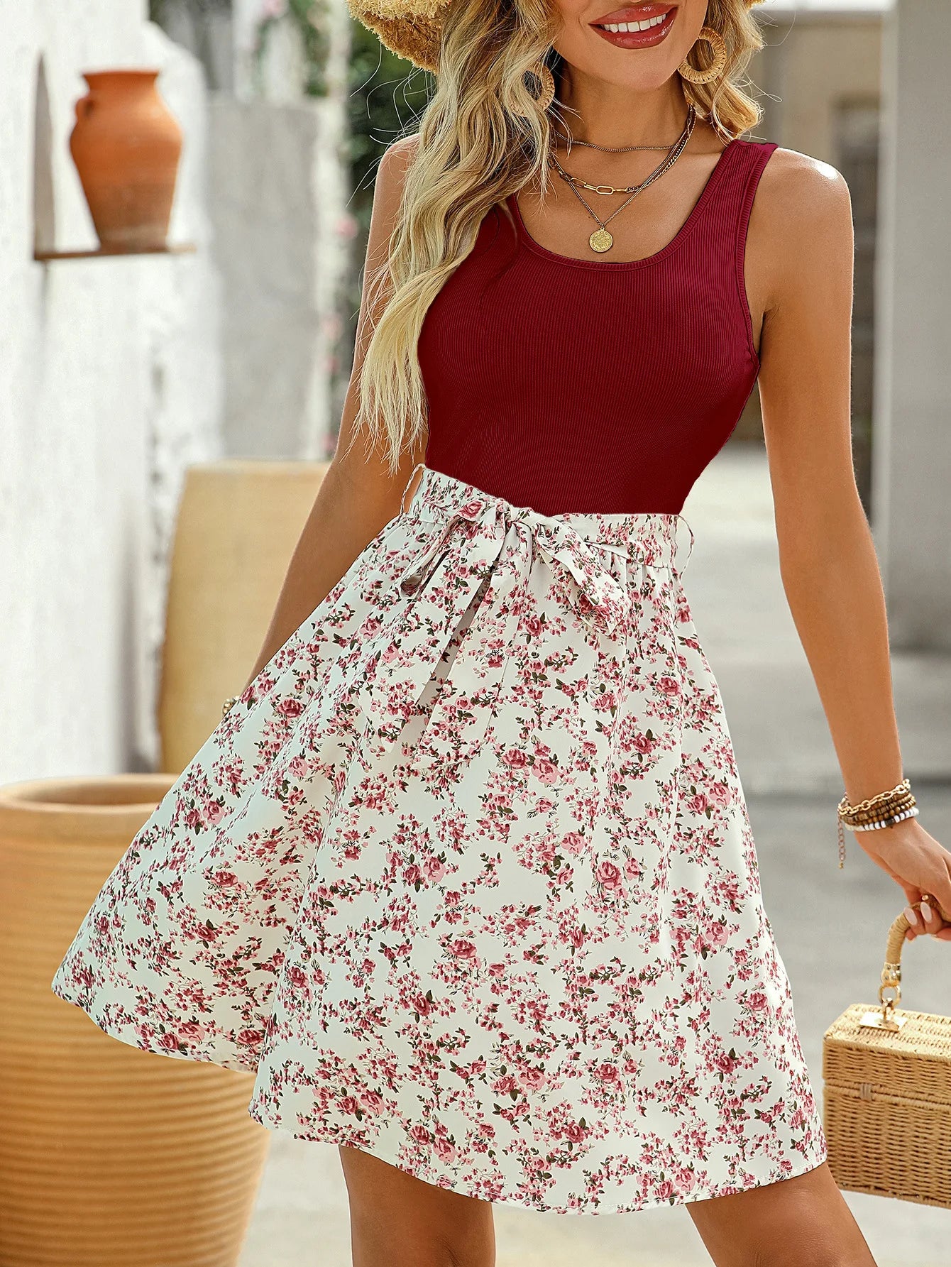 New Summer Woman Elegant Lace-up Sleeveless A-Line Dress,beach Dress For Ladies,Woman Clothing,Floral Dresses