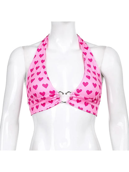 Pink Heart Print Cute Bustier Crop Top Women Aesthetic Kawaii Clothes Sleeveless Backless Lace Up Bralette Camisole