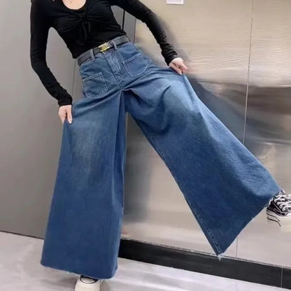 Retro Loose Super Wide-leg Jeans Women's 2024 Spring New Design Rough Edge Culottes Drape Floor Pants Women's Clothing Simple