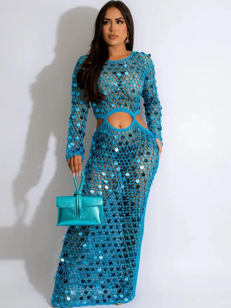 Joskaa Fishnet Knitting Hollow Sequins Maxi Dress Sexy See Through Holiday Long Sleeve Slim Summer 2023 Vacation Beach Dresses Blue