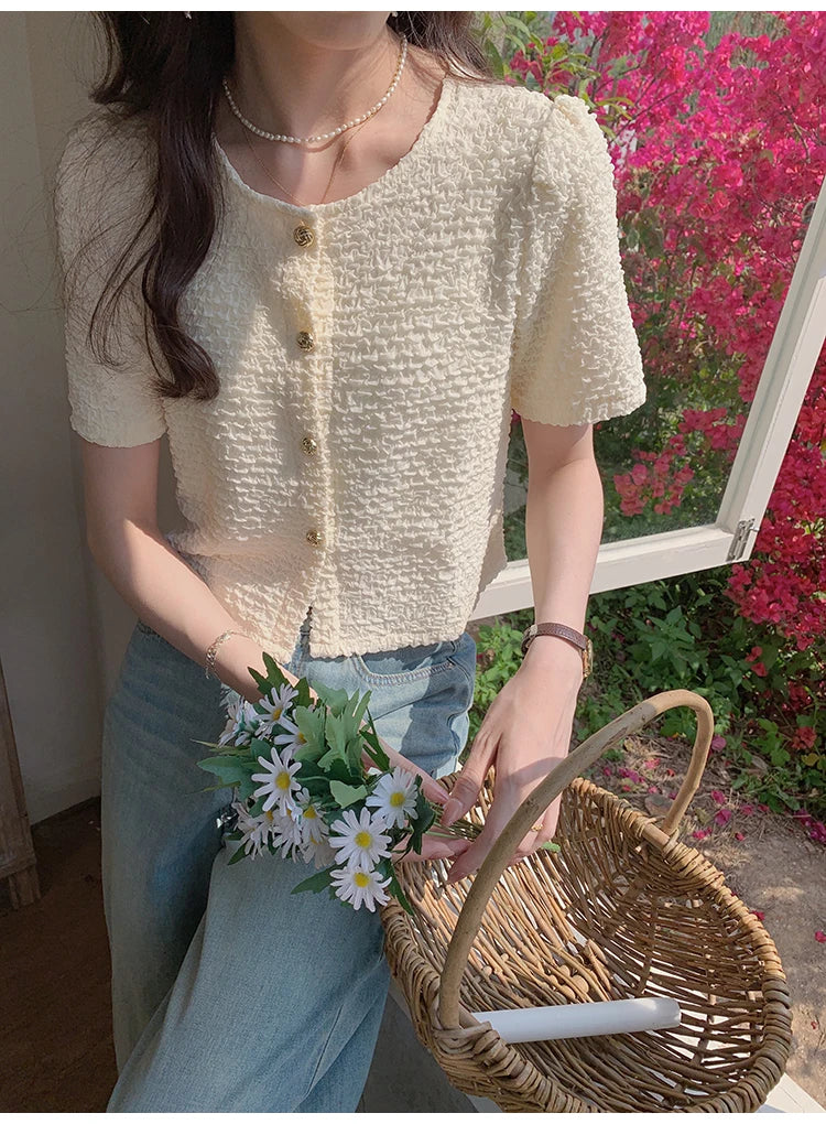 New Summer Short Sleeve O-Neck Women Shirt Sweet White Shirt Blouse Women Tops 2025 Blouses Shirts Blusas Para Mujer Blusa XL183