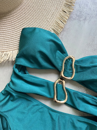 3 Colors Sexy Metal Rings Cut Out Women Swimwear One Piece Swimsuit Female Bandeau High Leg Cut Bather Bathing Suit Swim B022D