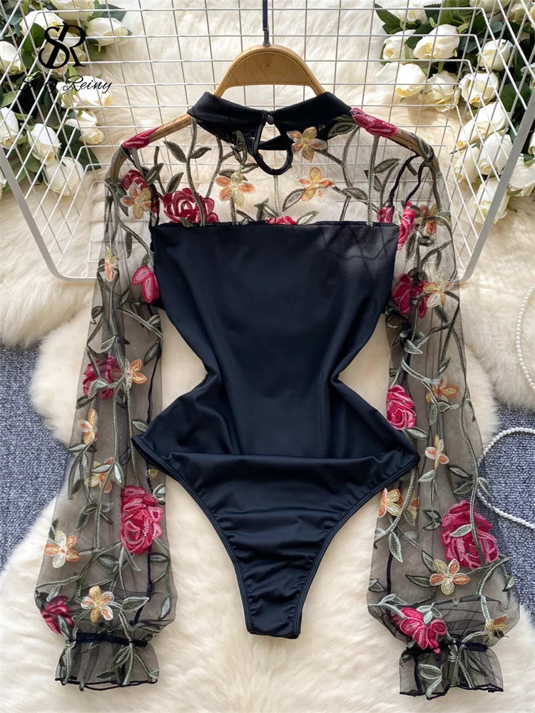 SINGREINY Vintage Embroidery Gauze Sexy Bodysuits Stand Collar Long Sleeve Playsuits Fashion Spliced Women Open crotch Rompers