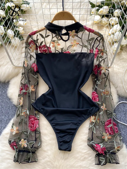 SINGREINY Vintage Embroidery Gauze Sexy Bodysuits Stand Collar Long Sleeve Playsuits Fashion Spliced Women Open crotch Rompers