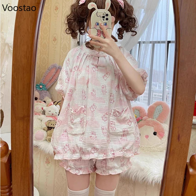 Kawaii Lolita Style Bunny Print Pajamas Set Girly Cute Short Sleeve Tops Shorts Suit Women Casual Princess Homewear Pijama Mujer