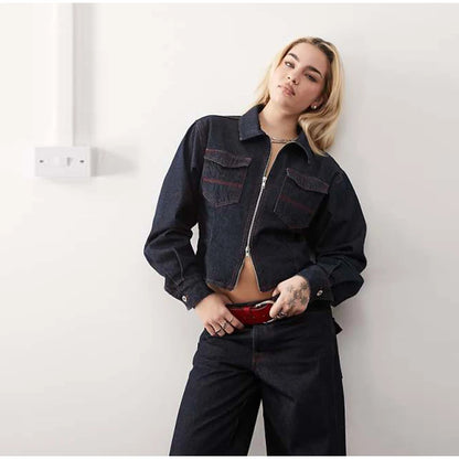 Lapel Zipper Denim Jackets Pants Sets Women Casual Pockets Short Jackets Suit With High Waist Jeans Lady Chic High Street Outfit