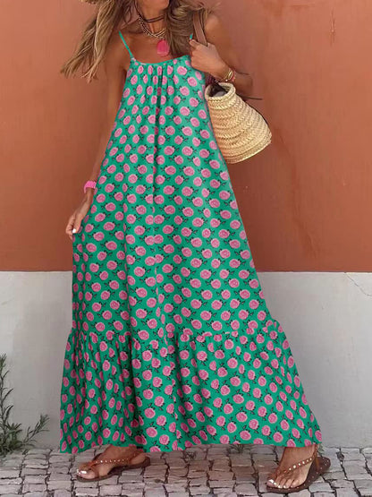 Women's Sleeveless Long Boho Dress Summer Loose Print Spaghetti Strap Flowy Dresses Bohemian Sundress Beachwear Party Coctail