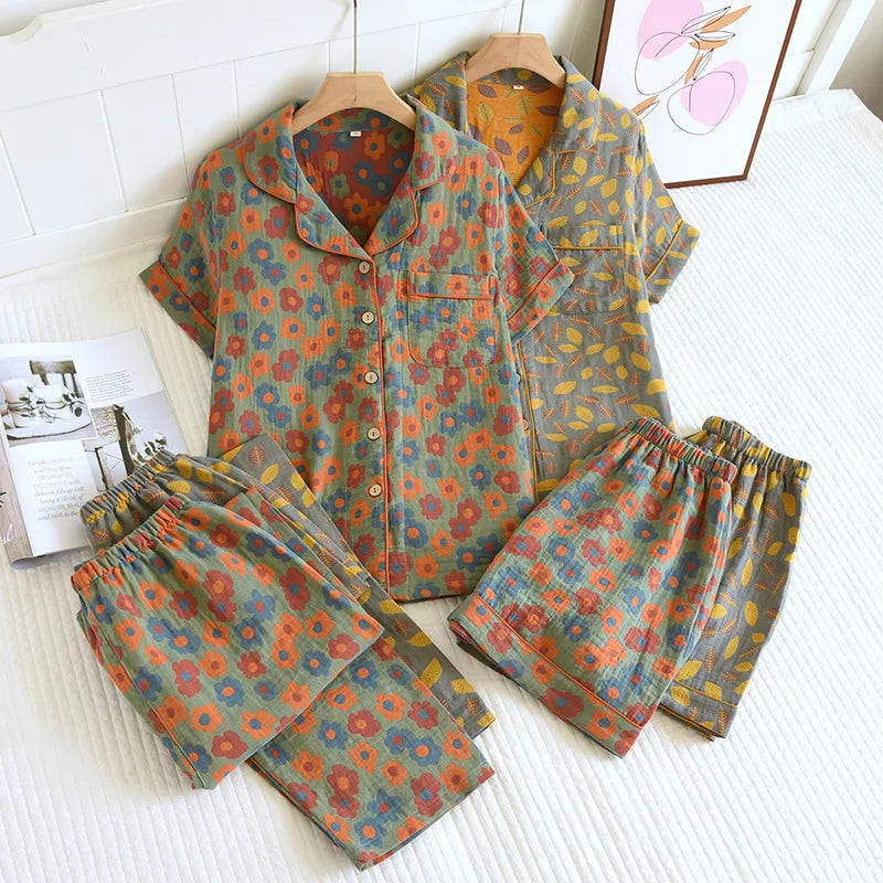 2025 New Spring/Summer Pajamas Three Piece Set Thin 100%Cotton Crepe Ladies Short Sleeves+Shorts+Pants Flip Collar Home Suit Set