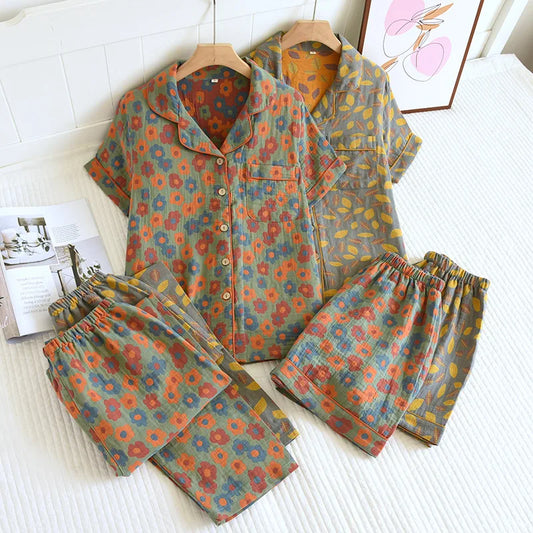 2025 New Spring/Summer Pajamas Three Piece Set Thin 100%Cotton Crepe Ladies Short Sleeves+Shorts+Pants Flip Collar Home Suit Set