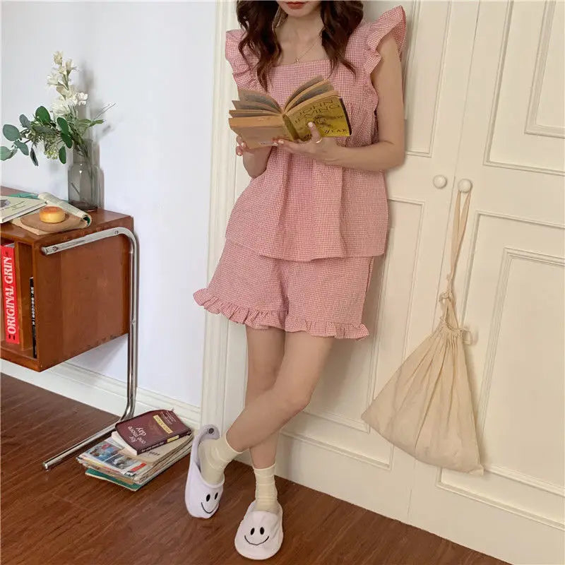 Fly Sleeve Sleepwear Women Pajamas Shorts Set Plaid Korean Kawaii Pijama Night Wear Ruffles Summer Home Suit Cute Sleeping 2024