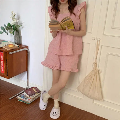 Plaid Sleepwear Women Pajamas Shorts Set Fly Sleeve Korean Kawaii Pijama Ruffles Summer Home Clothes Suit Sleeping Night Wear