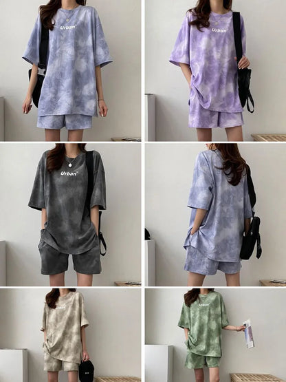 Women Summer 2024 New Fashion Cool Tie Dye Two-Piece Set Leisure And Comfortable Loose Elastic Waist Shorts Set