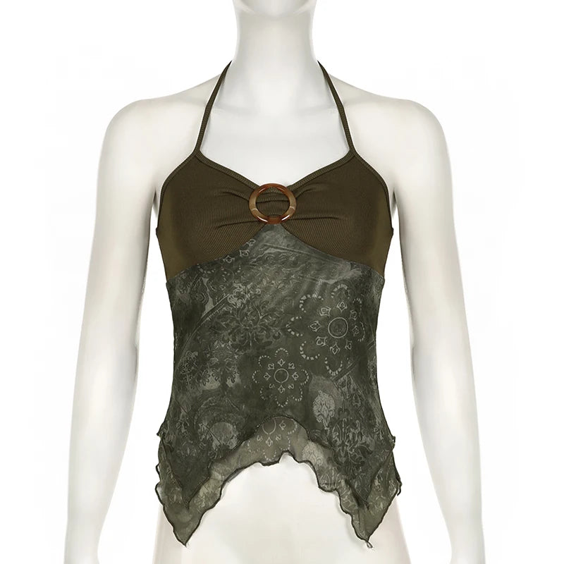 Rockmore Boho Vintage Print Mesh Patchwork Crop Top Women V Neck Camis Y2K Streetwear Female Coquette Aesthetic Clothes 2024