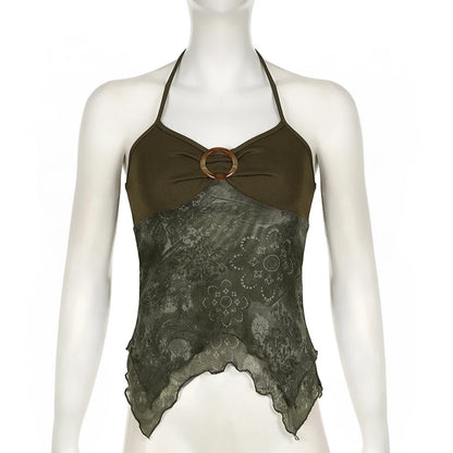 Rockmore Boho Vintage Print Mesh Patchwork Crop Top Women V Neck Camis Y2K Streetwear Female Coquette Aesthetic Clothes 2024