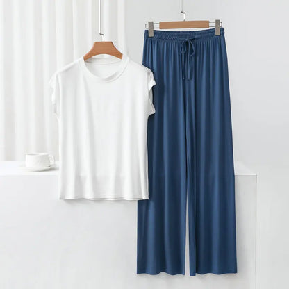 Modal Loose Homewear set O-neck Tshirts short sleeves and Wide leg pants Casual streetwear suit all match whiteDarkblue
