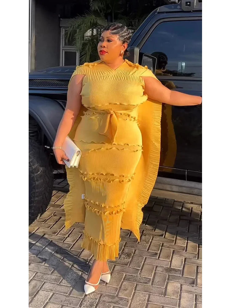 EGRM Miyake Solid Pleated French Three-dimensional Fungus Edge Cake Dress Women's Loose Long Dresses 2025 Summer New 6R8109 Yellow One Size