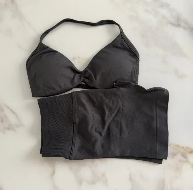 Impact Gym Set Women Two Piece Strappy Yoga Bra Top Workout Scrunch Shorts Suit Fitness Clothes Seamless Sportswear Workout Set shark grey