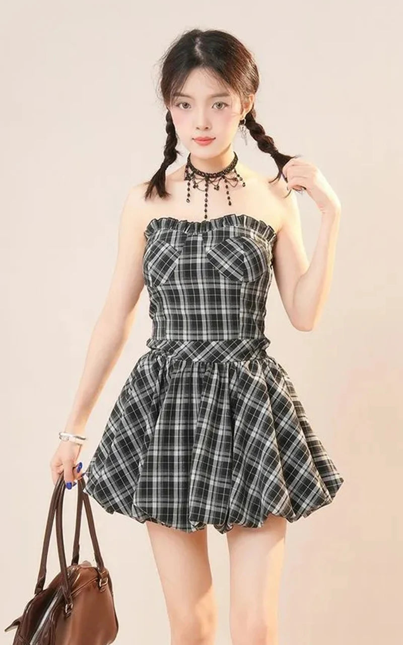 Y2K Plaid Mini Dress Women Vintage Backless Patchwork Slim Dress Summer Sexy Bodycon Strapless Aesthetic Lady Vestidos Badiee Stylez