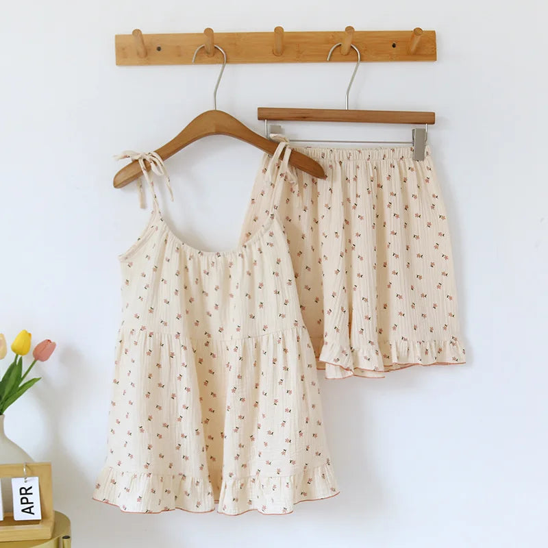 2025 Japanese Summer New Women's Pajama Set 100% Cotton Crepe Cloth Ladies Suspender+Shorts Two Piece Home Furnishing Set