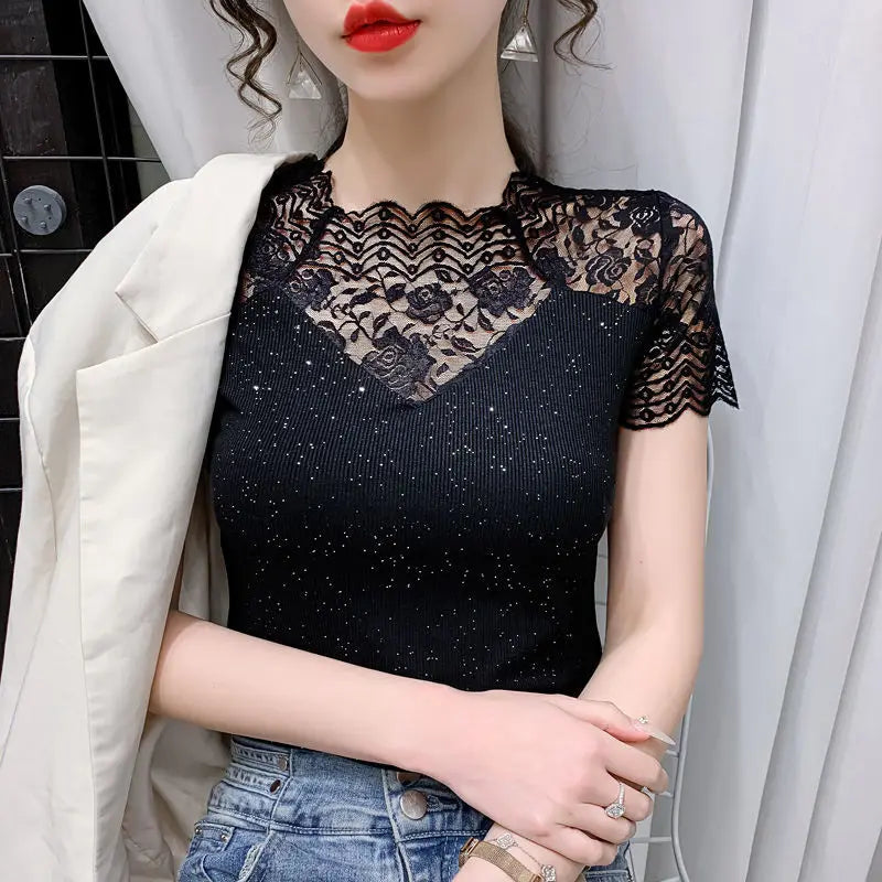 Summer Women Tops Patchwork Bright silk Mesh T shirt Pathcwork Short Sleeve Lace Shirt
