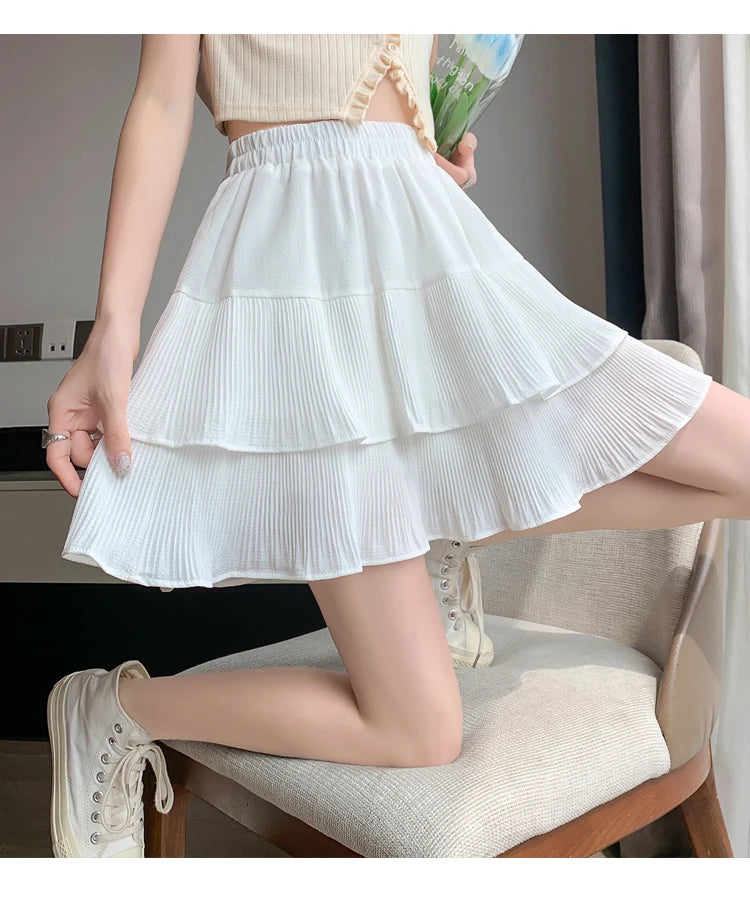 Casual Summer Ball Gown Pleated Skirts Women 2024 Korean Fashion Clothing Faldas Largas High Waist Black White A Line Mini Skirt
