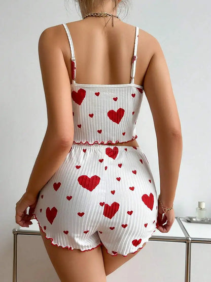 Women’s 2PCS Heart Print Pajama Set, Sleeveless Crop Top and Shorts, Soft Comfy Sleepwear Loungewear for Summer Nightwear