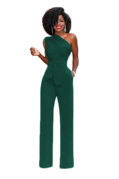 Women's Jumpsuit Solid Skew Collar Crop Top Straight Pants Belt Sexy Sleeveless Loose Pants Elegant Charming Playsuits 2024 Badiee Stylez