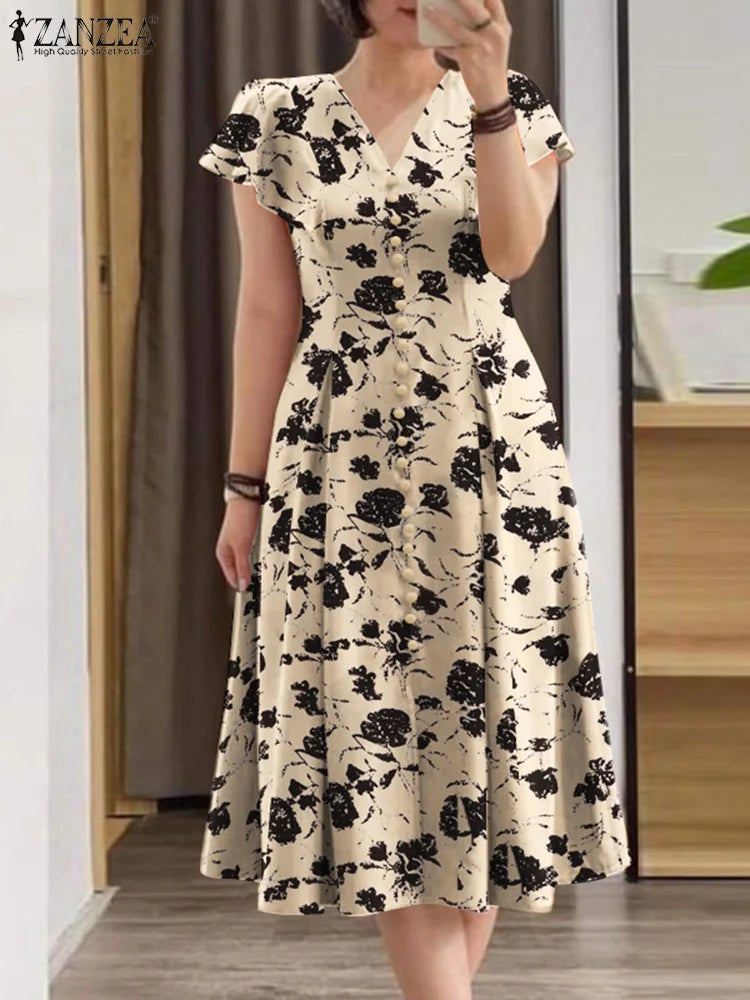ZANZEA Woman Summer Dresses Ruffle Sleeve V-Neck Cinch Waist, Womens Elegant Floral Printing Party Commute A-Line Midi Sundress Beige