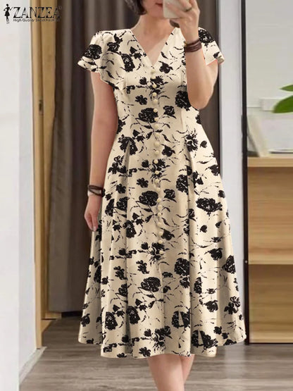ZANZEA Woman Summer Dresses Ruffle Sleeve V-Neck Cinch Waist, Womens Elegant Floral Printing Party Commute A-Line Midi Sundress Beige