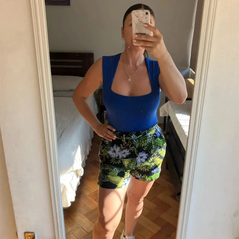 MUJER 2025 Black Woman Body Square Neck Sleeveless Bodysuit Women Blue White Sexy Tight Bodysuit Lingerie Bodycon Summer Tops