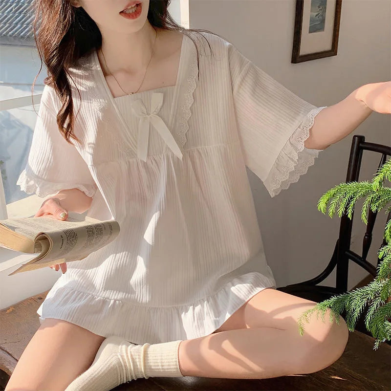 Palace Style Pajamas Ladies Summer Loungewear Set Short-Sleeved with Cushion Korean Small Sweet Girlfriends Loungewear Set