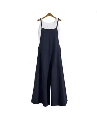 Women Straps Jumpsuit Summer Solid Color Wide Leg Pants Dungaree Bib Overalls Casual Loose Sleeveless Cotton Linen Jumpsuits 5Xl Badiee Stylez