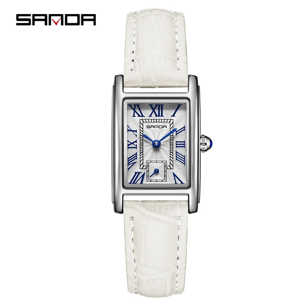 SANDA 1116 Quartz Watch Women Elegant Design Rectangle Dial Watches Waterproof Pointer Leather Business Ladies Wristwatches P White