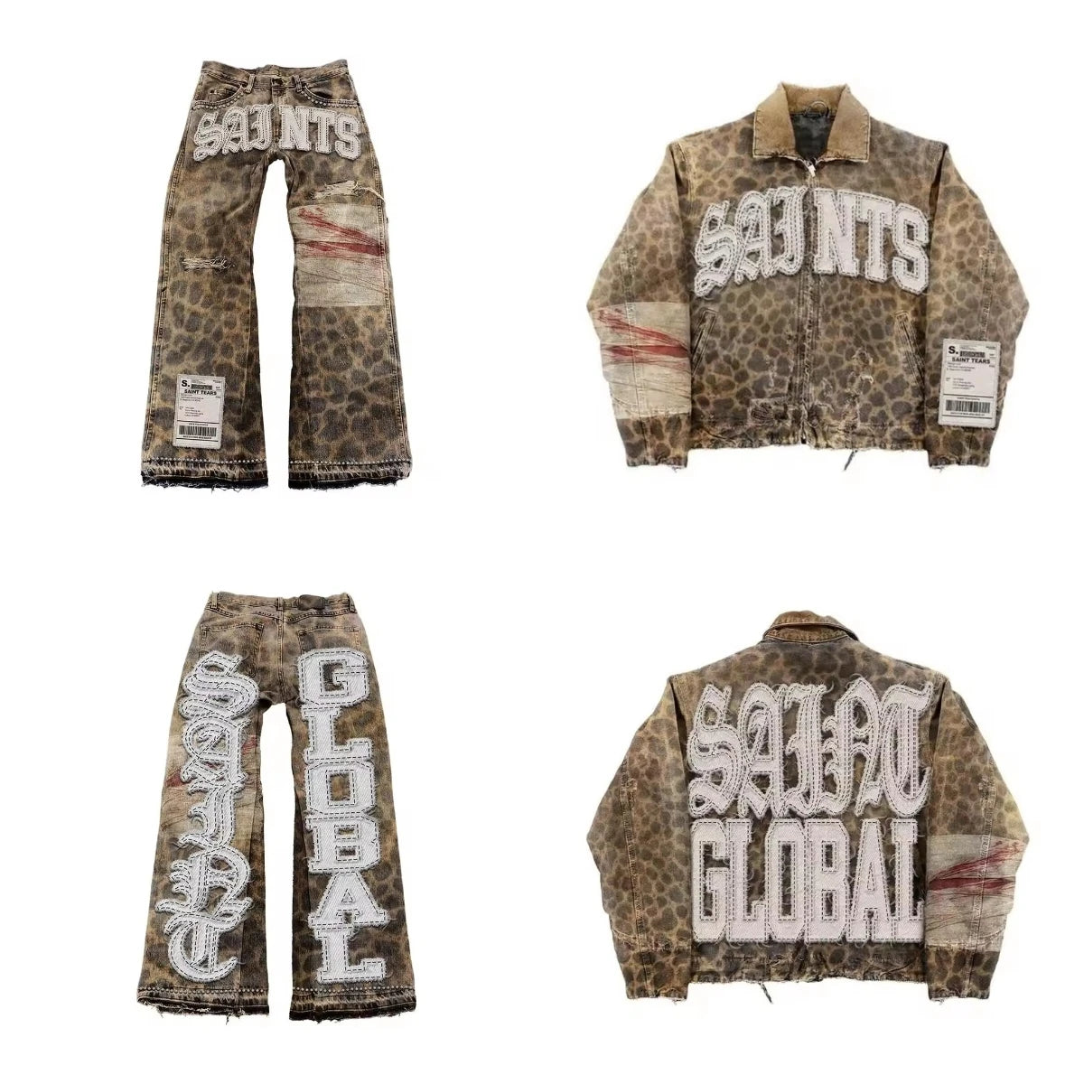 Gothic Retro Leopard Print Pattern Mens Clothes Y2k Two Piece Set Zipper Jacket Ripped Jeans Tracksuit Men Patchwork Streetwear