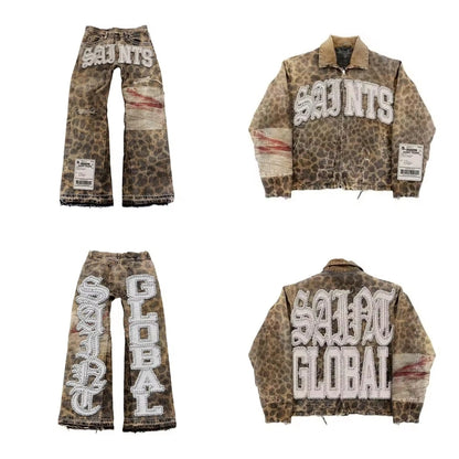 Gothic Retro Leopard Print Pattern Mens Clothes Y2k Two Piece Set Zipper Jacket Ripped Jeans Tracksuit Men Patchwork Streetwear