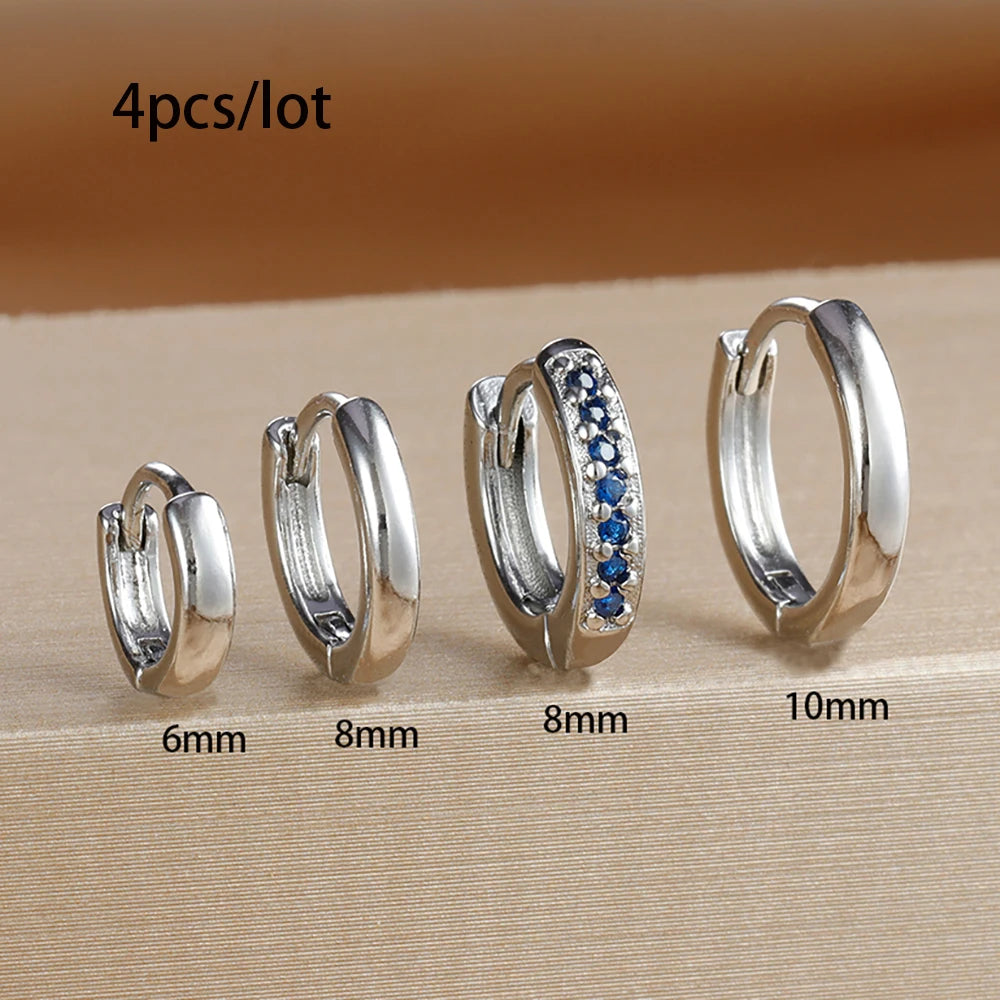 4PCS Set Stainless Steel Huggie Minimal Hoop Earrings 6/8/10mm Crystal Zirconia Helix Tragus Cartilage Earrings Piercing Jewelry Badiee Stylez