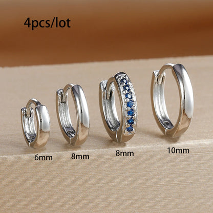 4PCS Set Stainless Steel Huggie Minimal Hoop Earrings 6/8/10mm Crystal Zirconia Helix Tragus Cartilage Earrings Piercing Jewelry Badiee Stylez