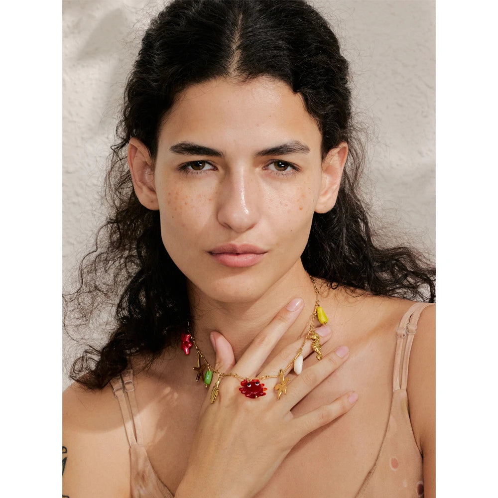 Yhpup Ocean Style Summer Fashion Jewelry Crab Starfish Shell Pendant Necklace Stainless Steel Golden Charm Pendant Accessories