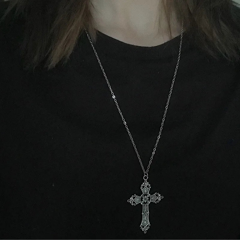 Vintage Cross Earrings Necklace for Women Christ Dangle Earrings Gothic Punk Dangle Drop Necklace Men Girl Grunge Hoop Jewelry