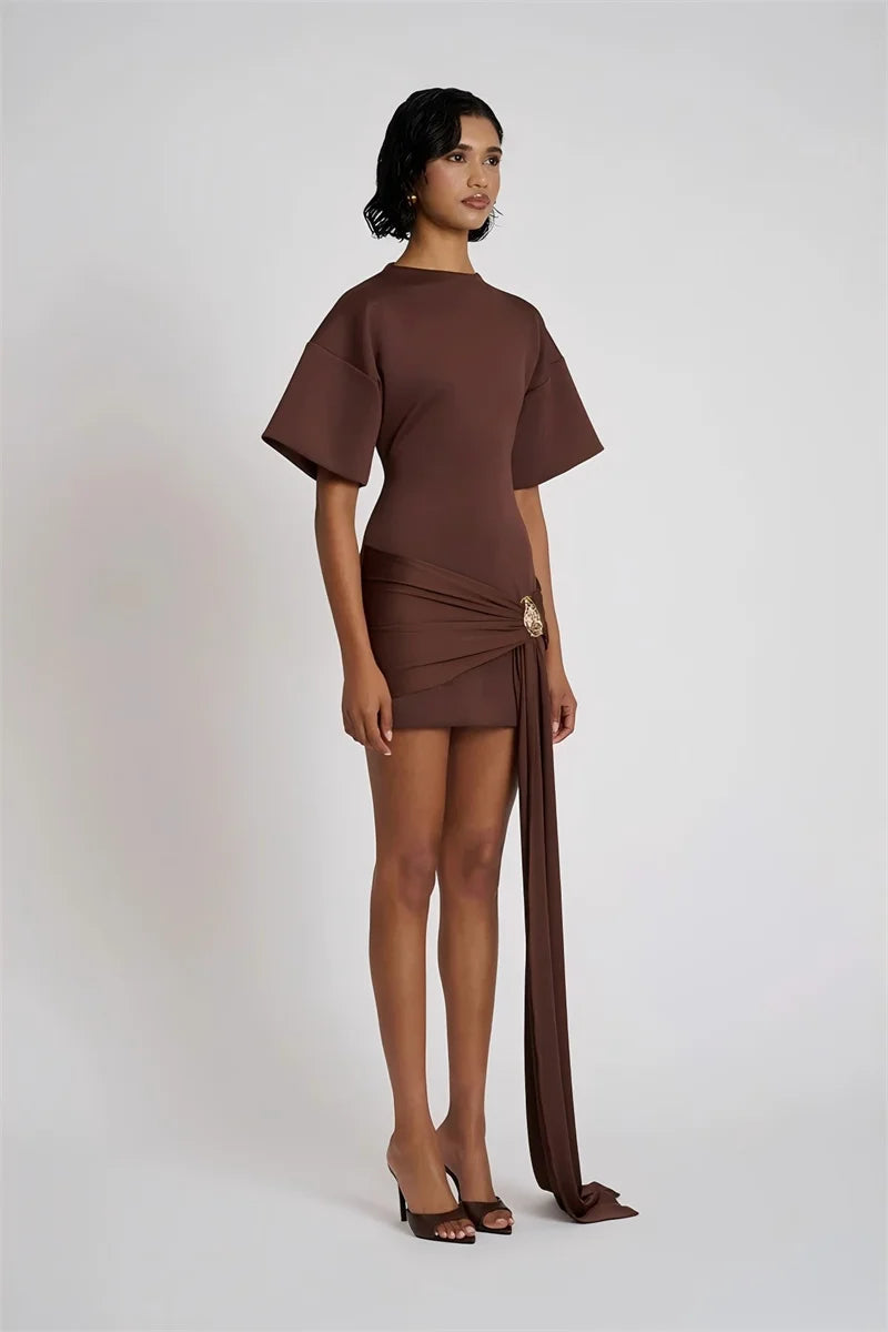 Mozision Fashion Short Sleeve Ruched Sexy Mini Dress Women Elegant Metal Decoration Solid O Neck High Waist Club Dresses New