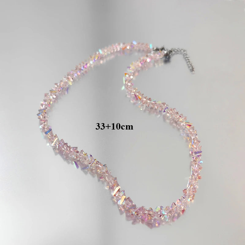 Shiny Transparent Crystal Irregular Beaded Bracelet for Women Korean Mulit-cut Pink Glass Chain on the Hand Jewelry Girls Gifts Pink Long