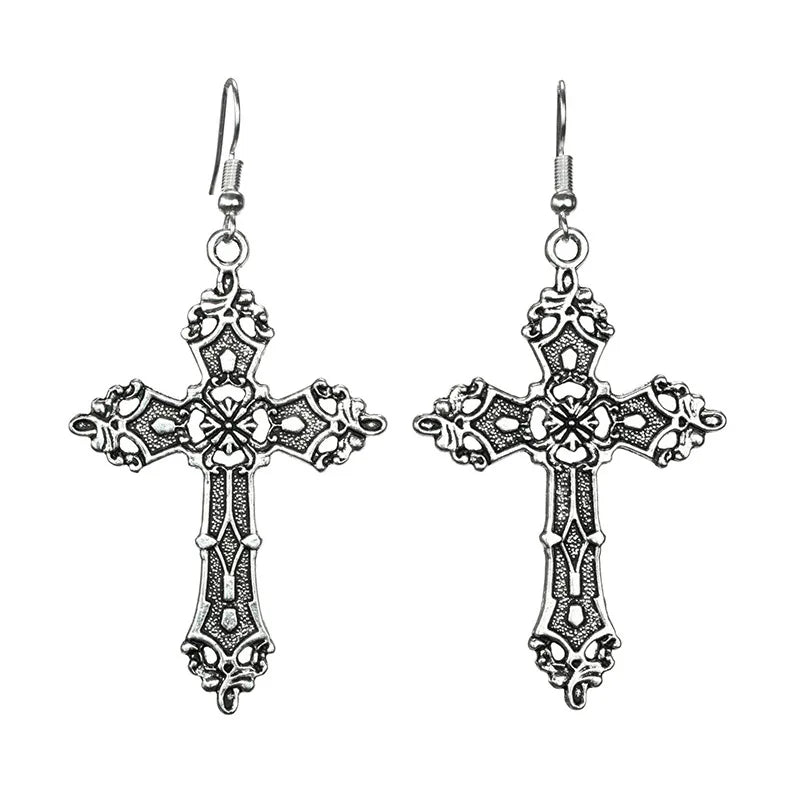 Vintage Cross Earrings Necklace for Women Christ Dangle Earrings Gothic Punk Dangle Drop Necklace Men Girl Grunge Hoop Jewelry