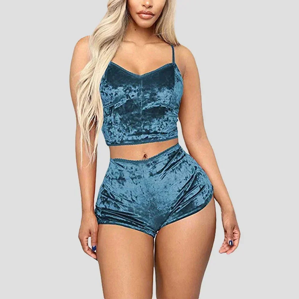 Women's Velvet Sleeveless V-neck Underwear Polyester Setcamisole+shorts Pajamas Set Comfortable Home Clothes Top Pants Blue