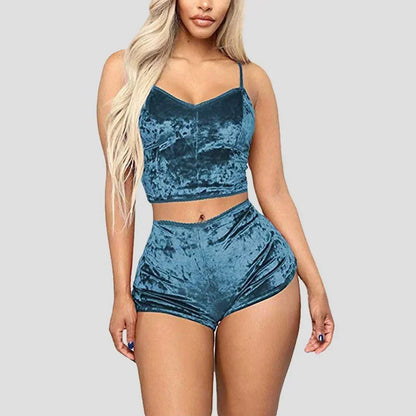 Women's Velvet Sleeveless V-neck Underwear Polyester Setcamisole+shorts Pajamas Set Comfortable Home Clothes Top Pants Blue