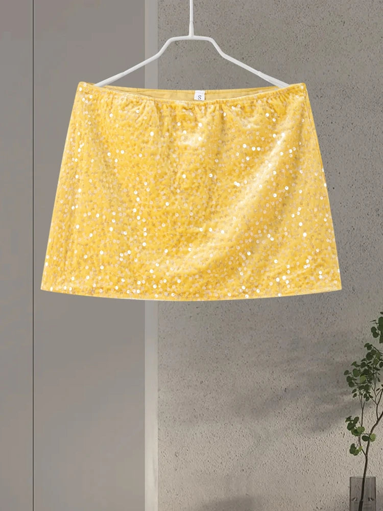 O-neck Vest Mini Skirt Suits Women Sexy sparkly Sequined Sleeveless Tank Tops With Bodycon Short Skirts Fashion Ladies Beachwear