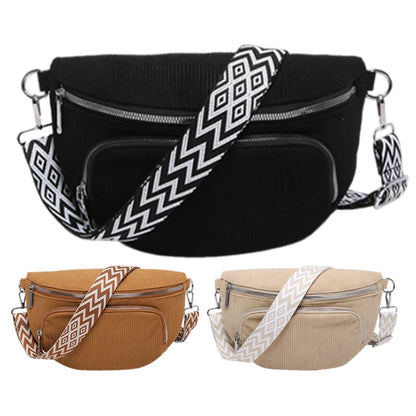 Corduroy Chest Bag Fashion Fanny Pack Wide Guitar Strap Casual Waist Bag Multi-pockets Hobo Sling Bag Outdoor Travel Bag